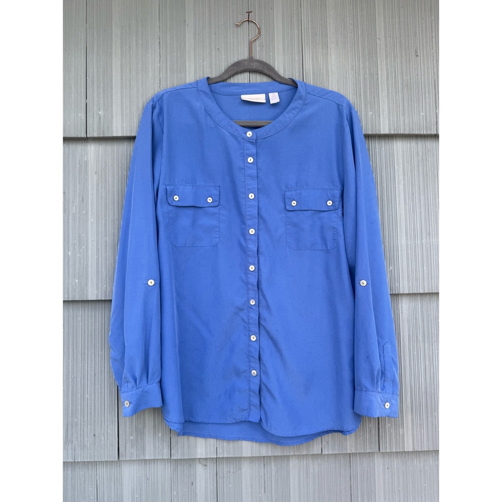 CHICOS sz 3 US 16/XL button up tunic top, blue roll tab long sleeve modal blouse